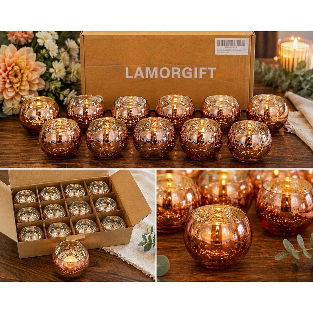 LAMORGIFT Rose Gold Mercury Glass Speckled Tea Light Holder Set, Modern Round